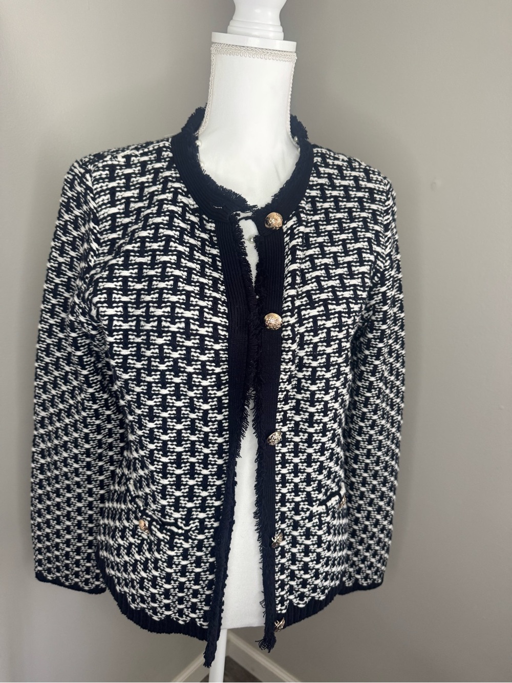 Tahari Black & White Tweed Blazer with Gold Buttons